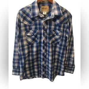 VTG Wrangler Western Shirt Size L Pearl Snap Blue White Plaid LS Flap Pockets